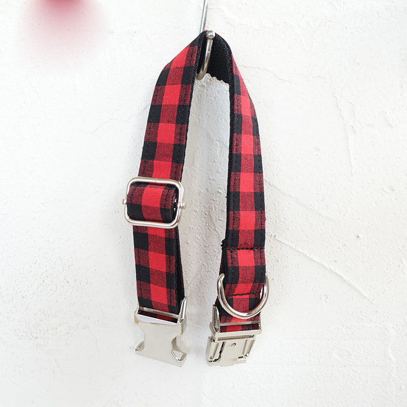 Buffalo Plaid Dog Collar & Leash Set – Red & Black Tartan, Soft-Lined, Silver Metal Hardware | XS–XL