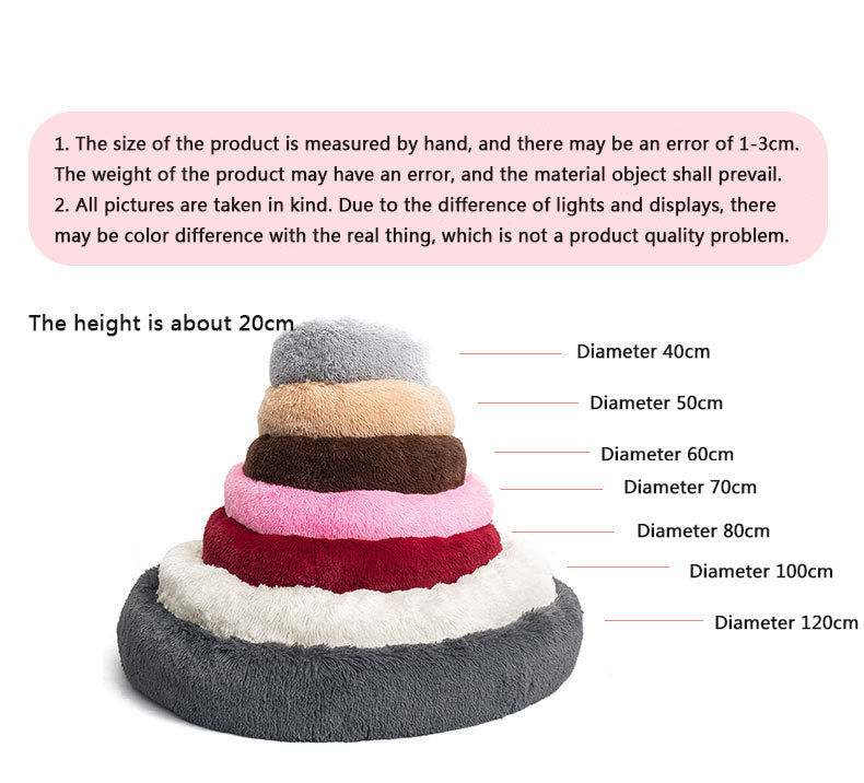 Shaggy Plush Donut Calming Pet Bed – Round Bolster Nest, Machine Washable | Dogs & Cats | 7 Sizes | Gray, Pink, Beige