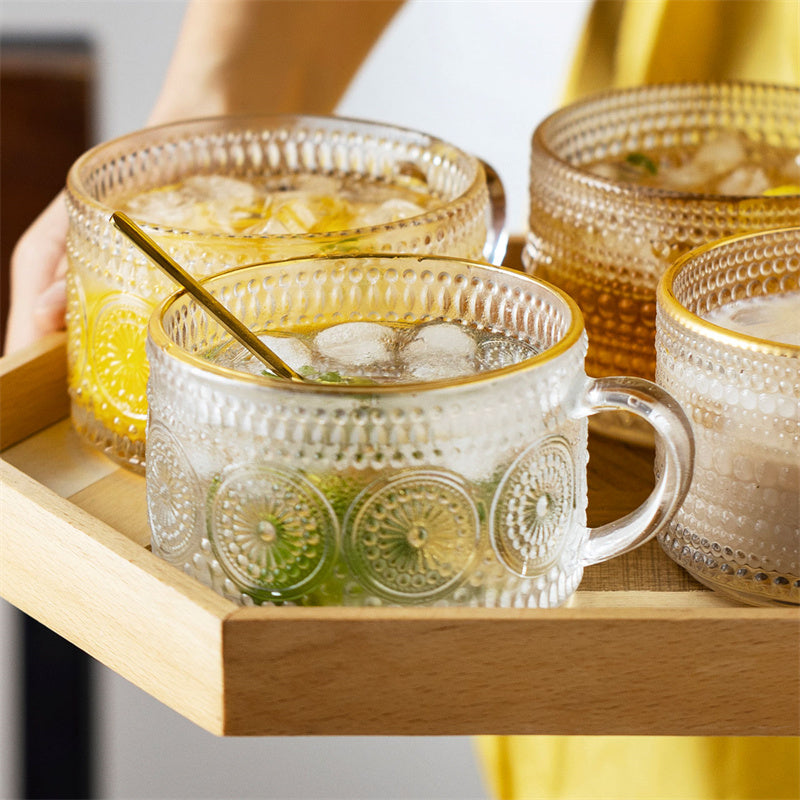 Sunflower Embossed Glass Mug with Gold Rim – 400ml Vintage Floral Clear Cup for Coffee, Tea & Milk