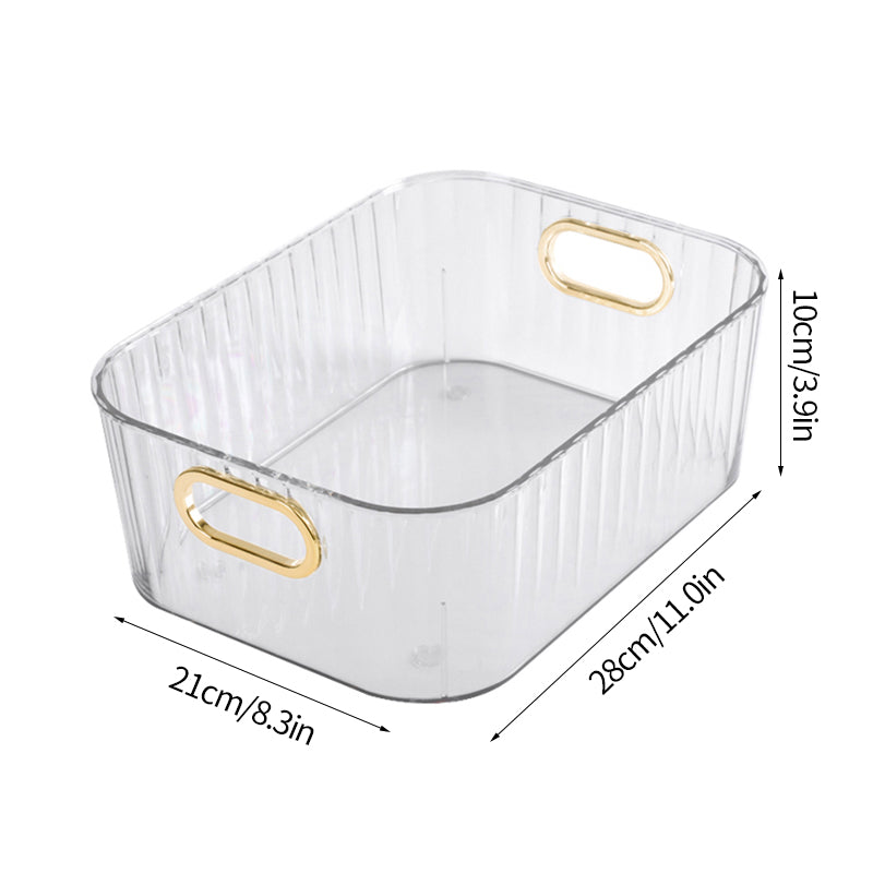 Ribbed Desktop Storage Organizer Bin with Gold Handles – Clear & Dark Green | Vanity, Desk & Kitchen | Small & Large