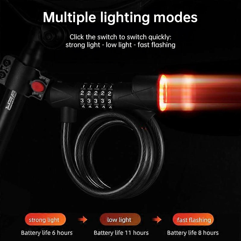 5-Digit Combination Bike Lock with Rechargeable Tail Light – Anti-Theft Steel Cable Chain Lock
