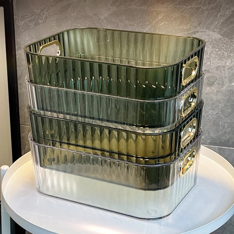 Ribbed Desktop Storage Organizer Bin with Gold Handles – Clear & Dark Green | Vanity, Desk & Kitchen | Small & Large