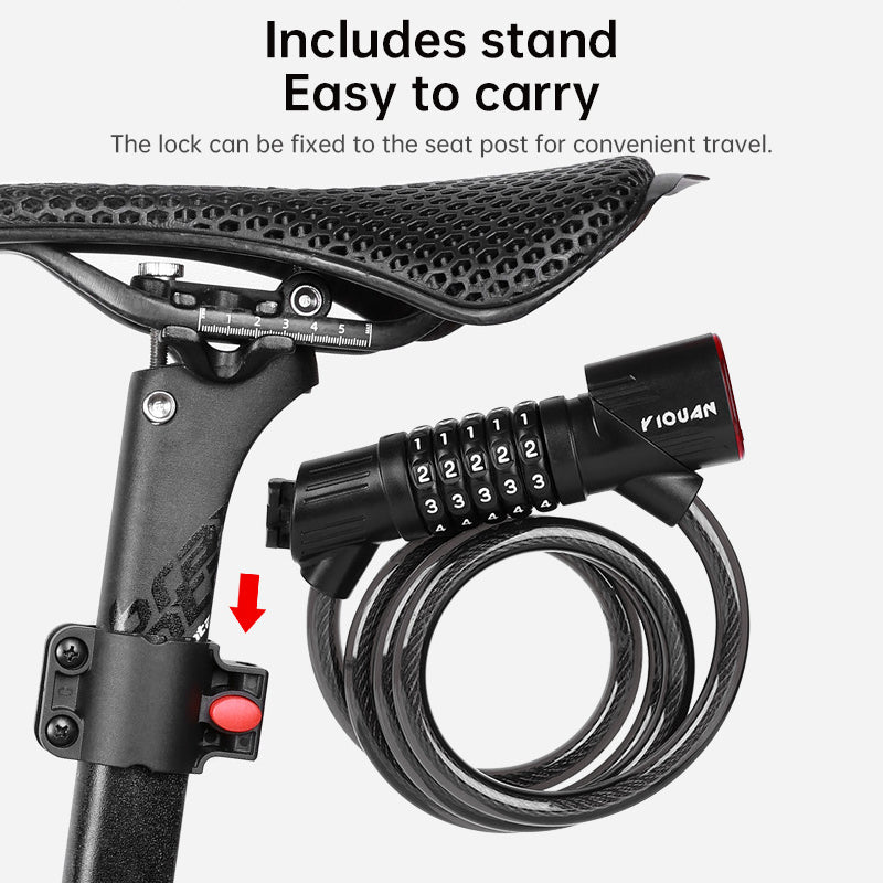 5-Digit Combination Bike Lock with Rechargeable Tail Light – Anti-Theft Steel Cable Chain Lock