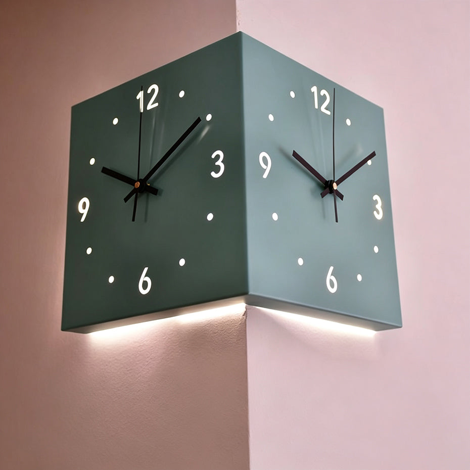 Nordic Dual-Face Corner Clock with LED Night Glow & Silent Movement