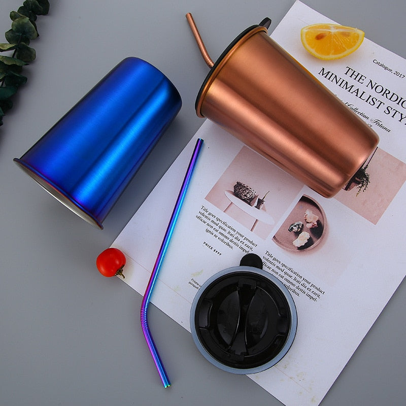 500ml Stainless Steel Tumbler with Metal Straw & Lid – Reusable Coffee, Camping & Travel Mug