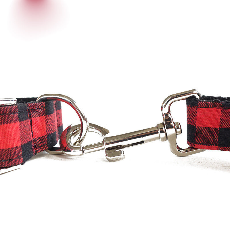Buffalo Plaid Dog Collar & Leash Set – Red & Black Tartan, Soft-Lined, Silver Metal Hardware | XS–XL