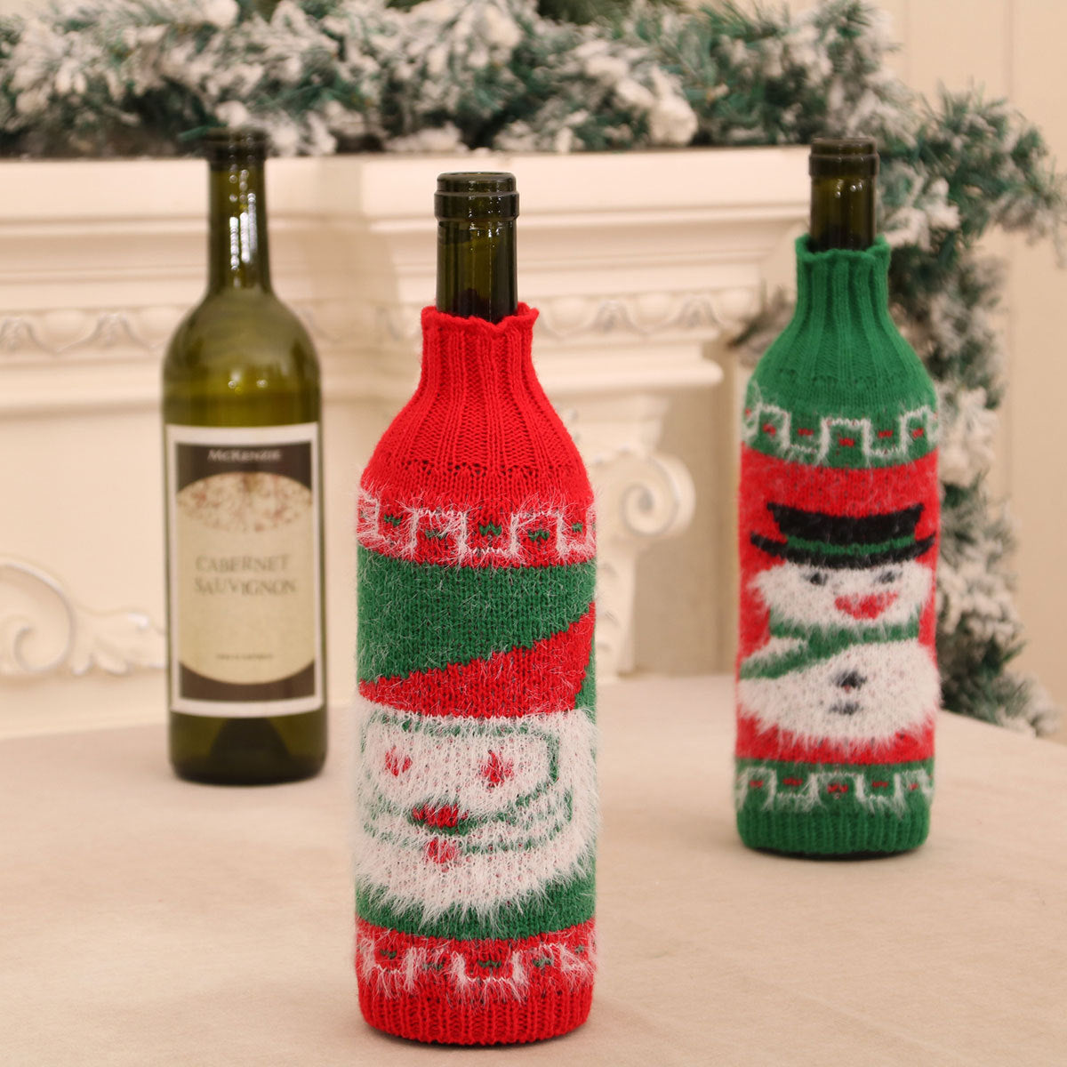 Christmas Fuzzy Knitted Wine Bottle Sweater Cover – Santa Claus & Snowman Holiday Bottle Decoration