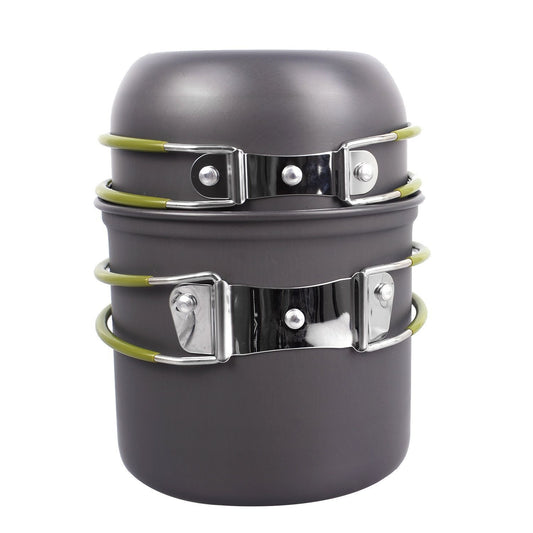 Portable Aluminum Camping Cookware Set – Folding Handle Pot & Pan for 1-2 People