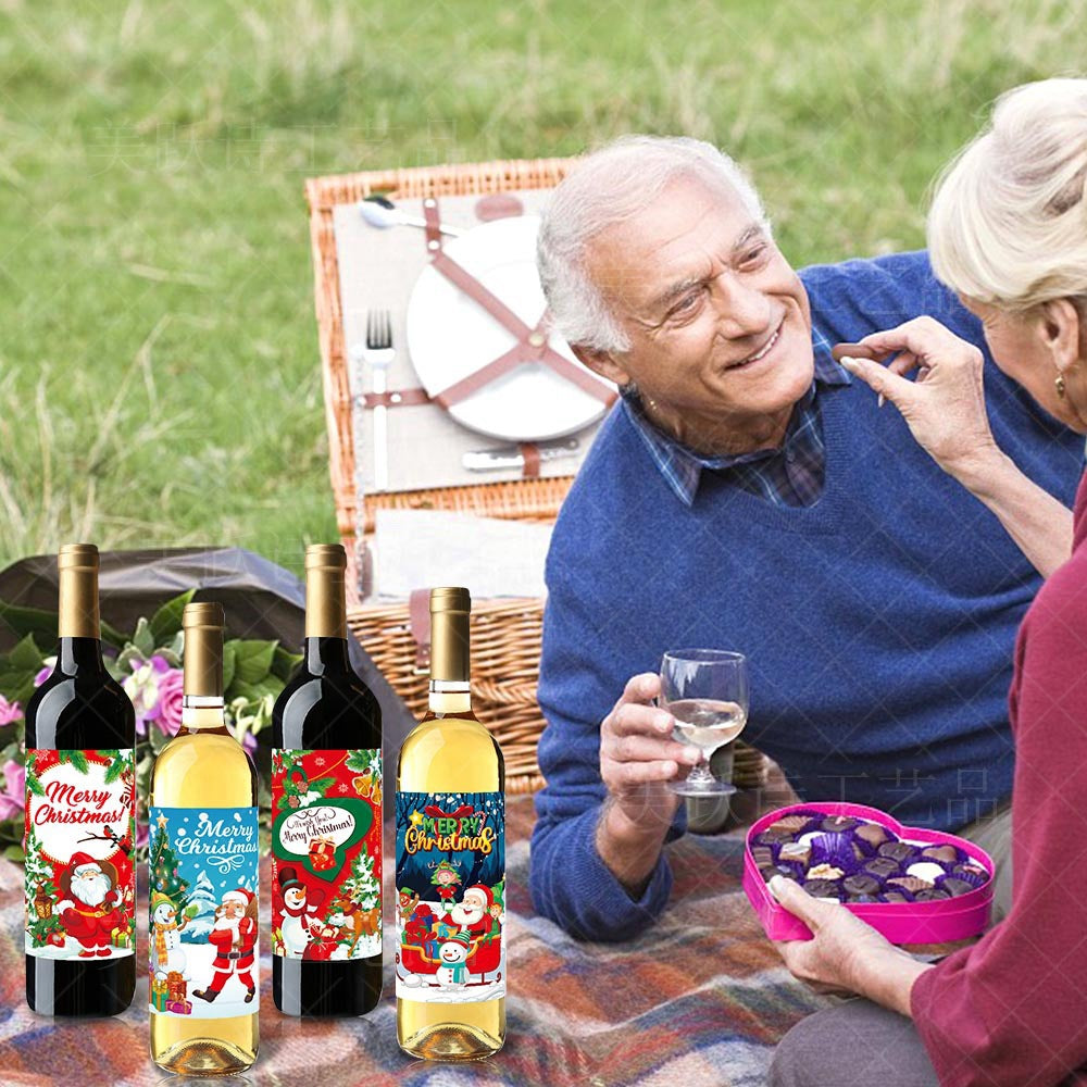 Christmas Wine Bottle Label Stickers – 8-Pack Festive Holiday Bottle Decorations | Santa, Snowman & More