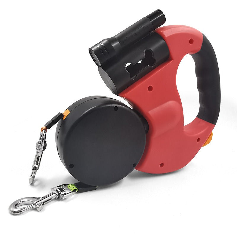 Retractable Dog Leash with LED Flashlight & Poop Bag Dispenser – Single or Dual Cord, 3M Nylon | Walk 1 or 2 Dogs | 10 Colors