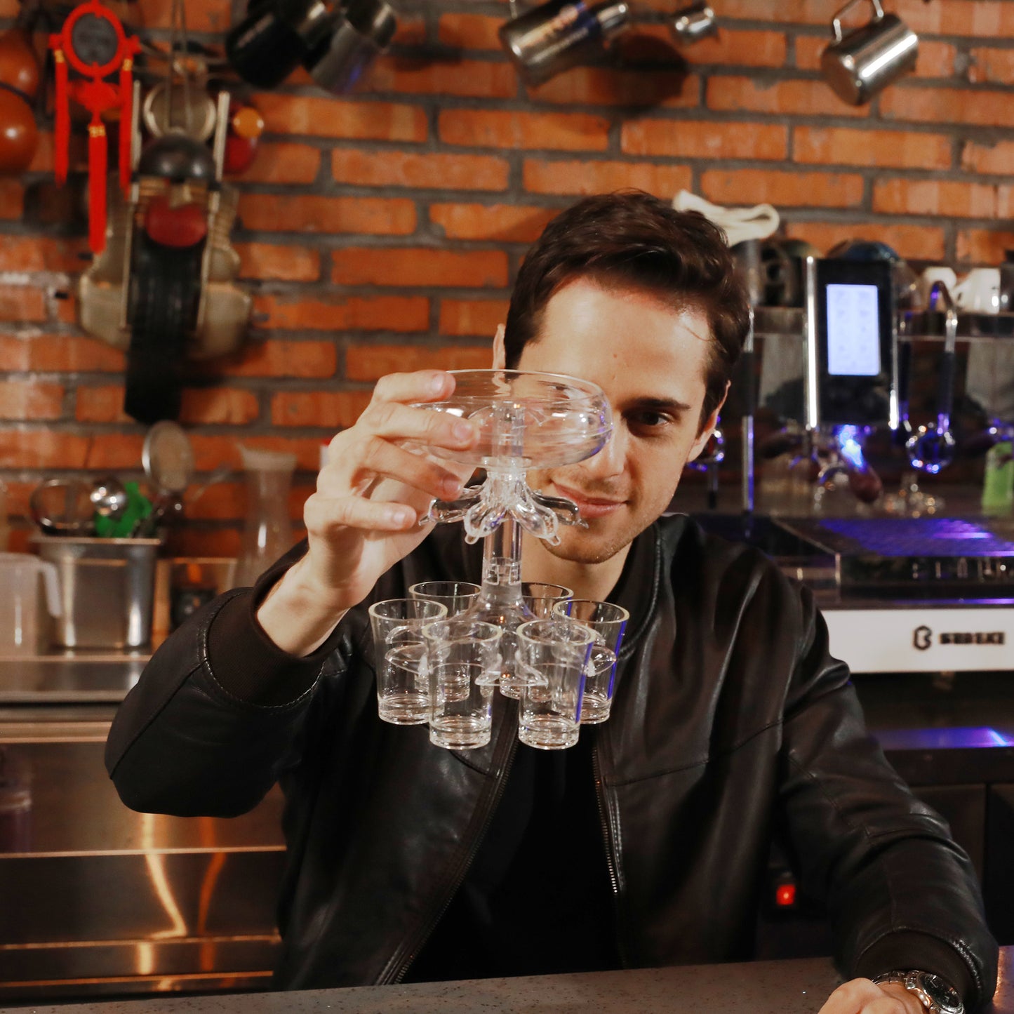 6-Shot Wine & Cocktail Dispenser Set – PMMA Gravity Dispenser with 6 Shot Glasses | Standard & LED Glow Model