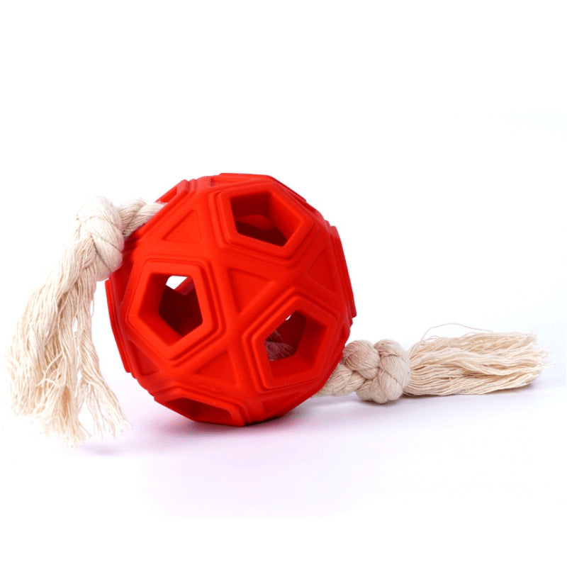 Hollow Rubber Chew Ball with Cotton Rope Tug – Hexagonal Lattice Molar & Tug-of-War Dog Toy | 107mm | Red