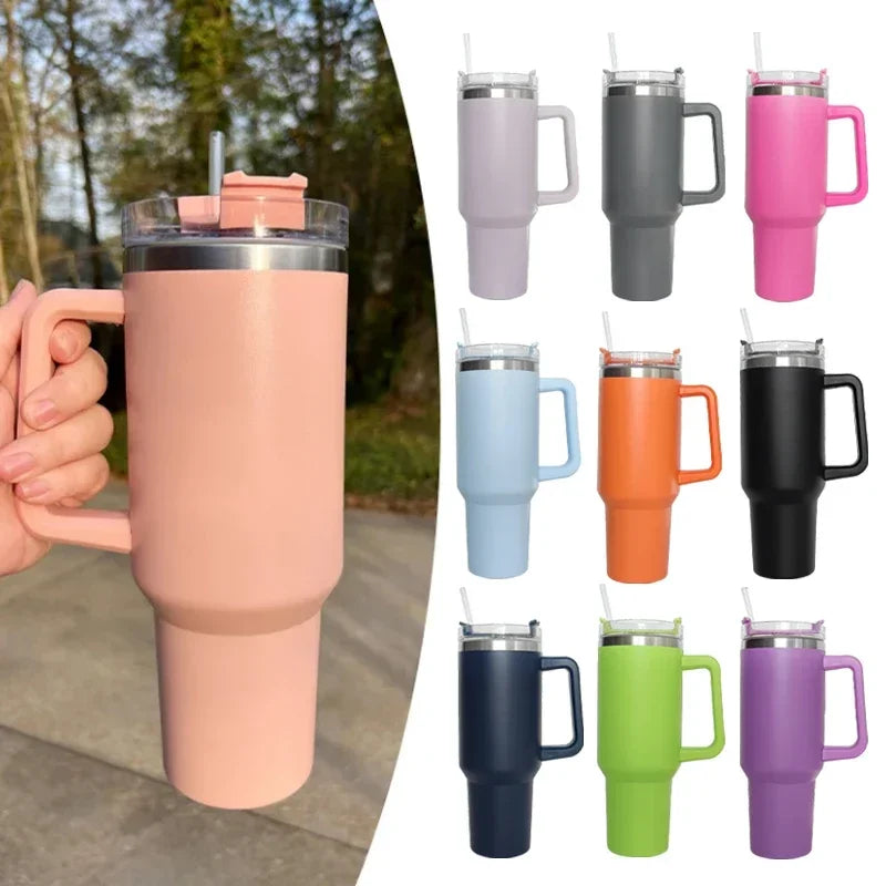 40oz Insulated Stainless Steel Tumbler with Handle, Lid & Straw – Travel Coffee Cup