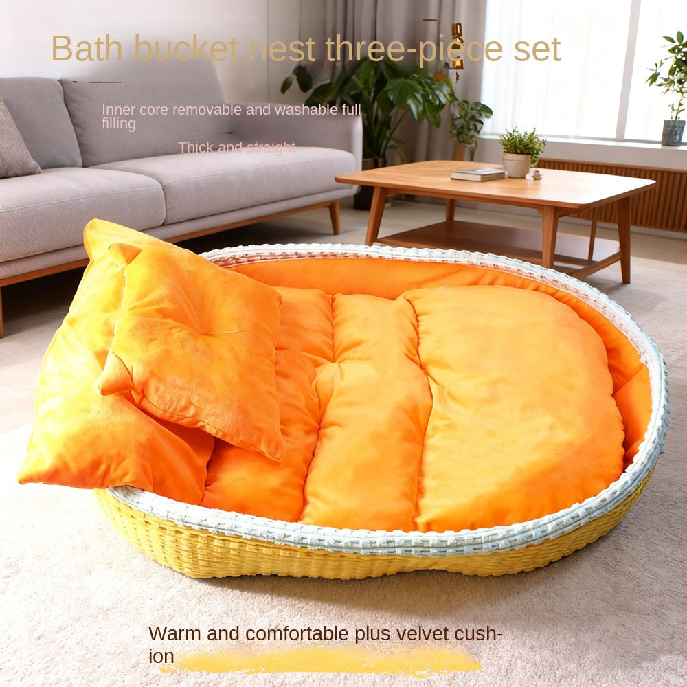 Oval Bolster Pet Sofa Bed with Throw Pillows – Fleece, Half-Enclosed, Machine Washable | Dogs & Cats | S–XL | 4 Colors