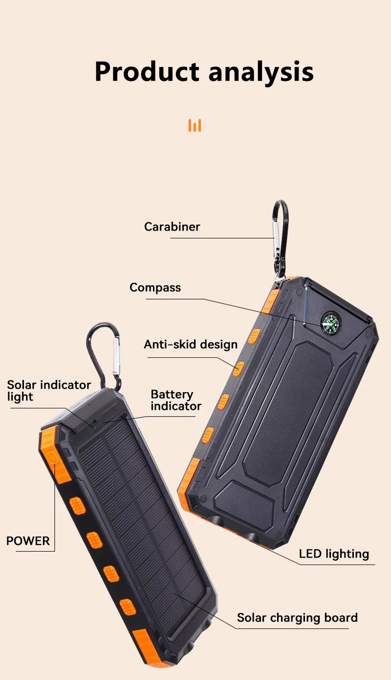 10,000mAh Solar Power Bank with Flashlights & Compass