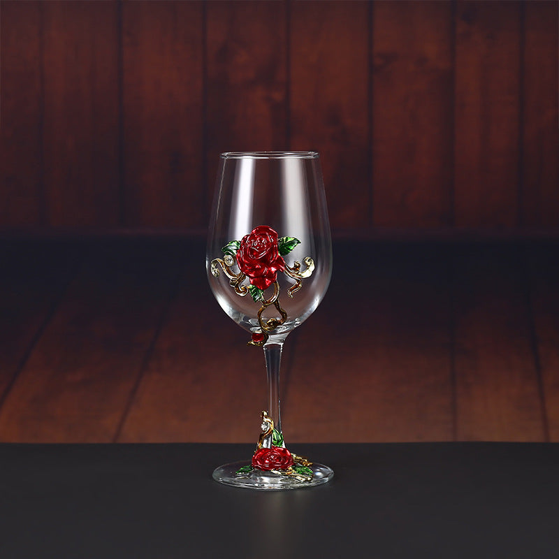 Enamel Rose Crystal Wine Glass | Hand-Painted Goblet & Decanter Gift Set