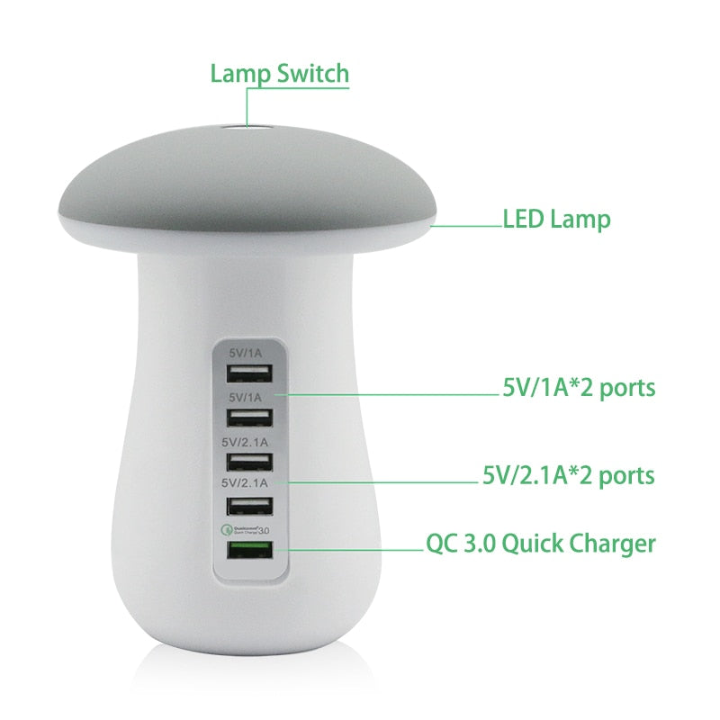 5-Port USB Charging Station with LED Night Lamp, QC 3.0