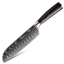 Damascus-Pattern Laser Etched Kitchen Knife | Colored Wood Handle | 10 Styles