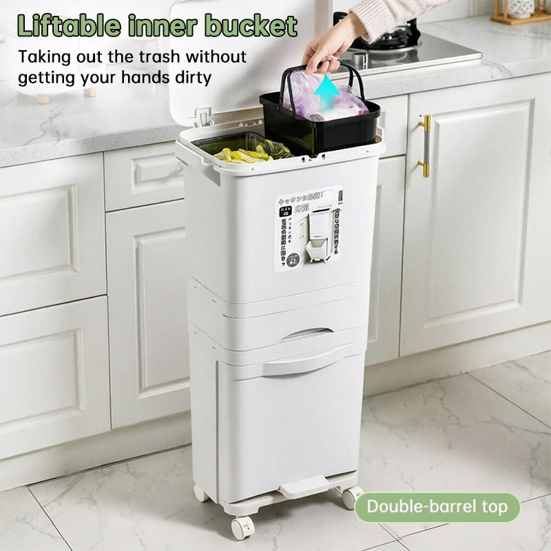 42L Three-Layer Kitchen Recycling Bin with Pedal, Wheels & Dry/Wet Separation