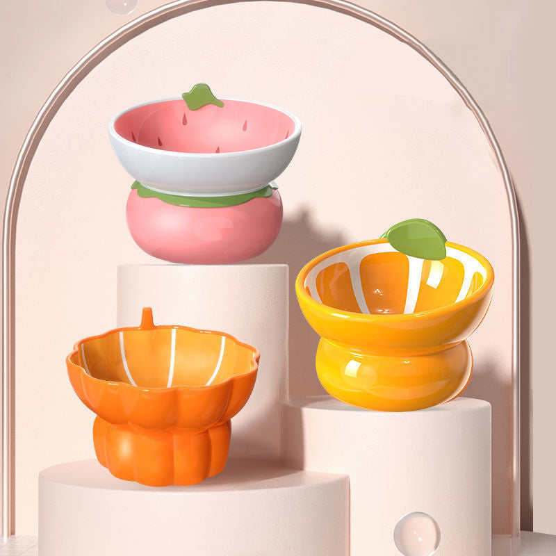 Novelty Fruit Ceramic Tilted Pet Bowl – Strawberry, Orange & Pumpkin | Raised Angled Design, Cervical Spine Protection | Cats & Dogs