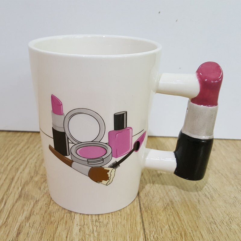 300ml Creative Ceramic Mug – Beauty Tool Shaped Handle (Lipstick, Comb, Hair Dryer & More)
