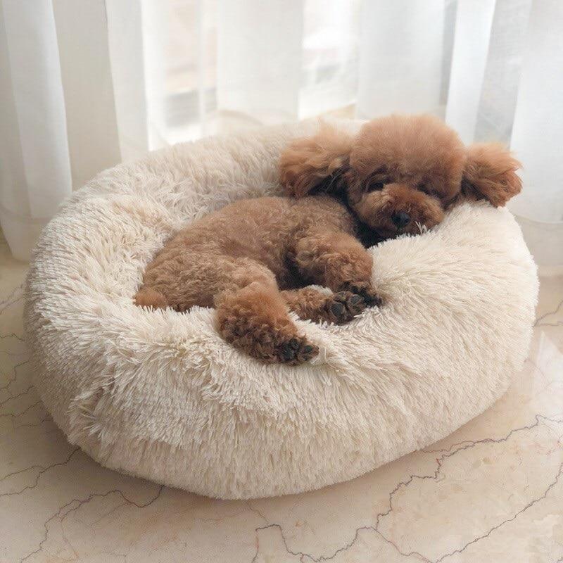 Shaggy Plush Donut Calming Pet Bed – Round Bolster Nest, Machine Washable | Dogs & Cats | 7 Sizes | Gray, Pink, Beige
