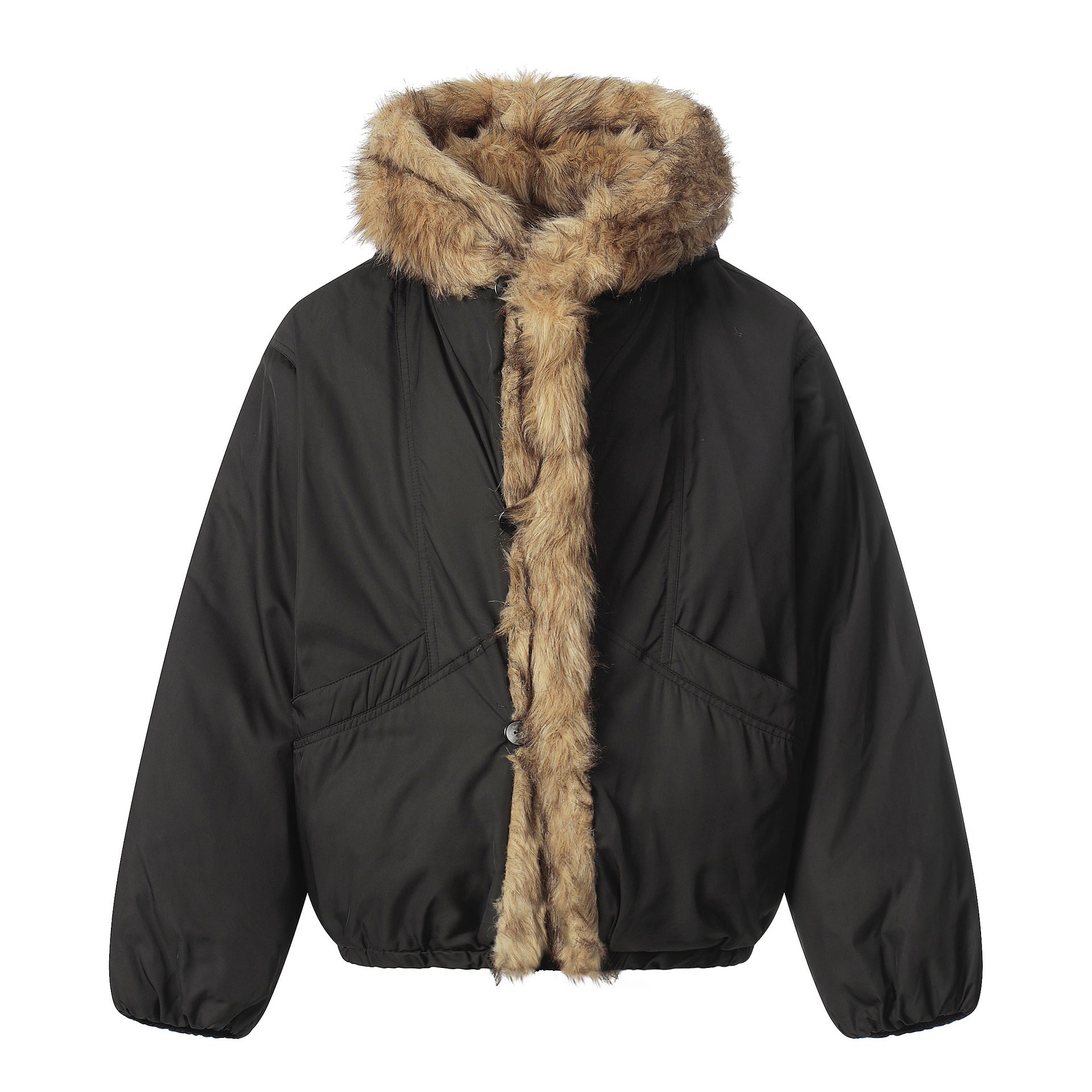 Military green fur collar hooded cotton jacket with a silhouette