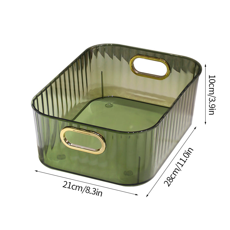 Ribbed Desktop Storage Organizer Bin with Gold Handles – Clear & Dark Green | Vanity, Desk & Kitchen | Small & Large