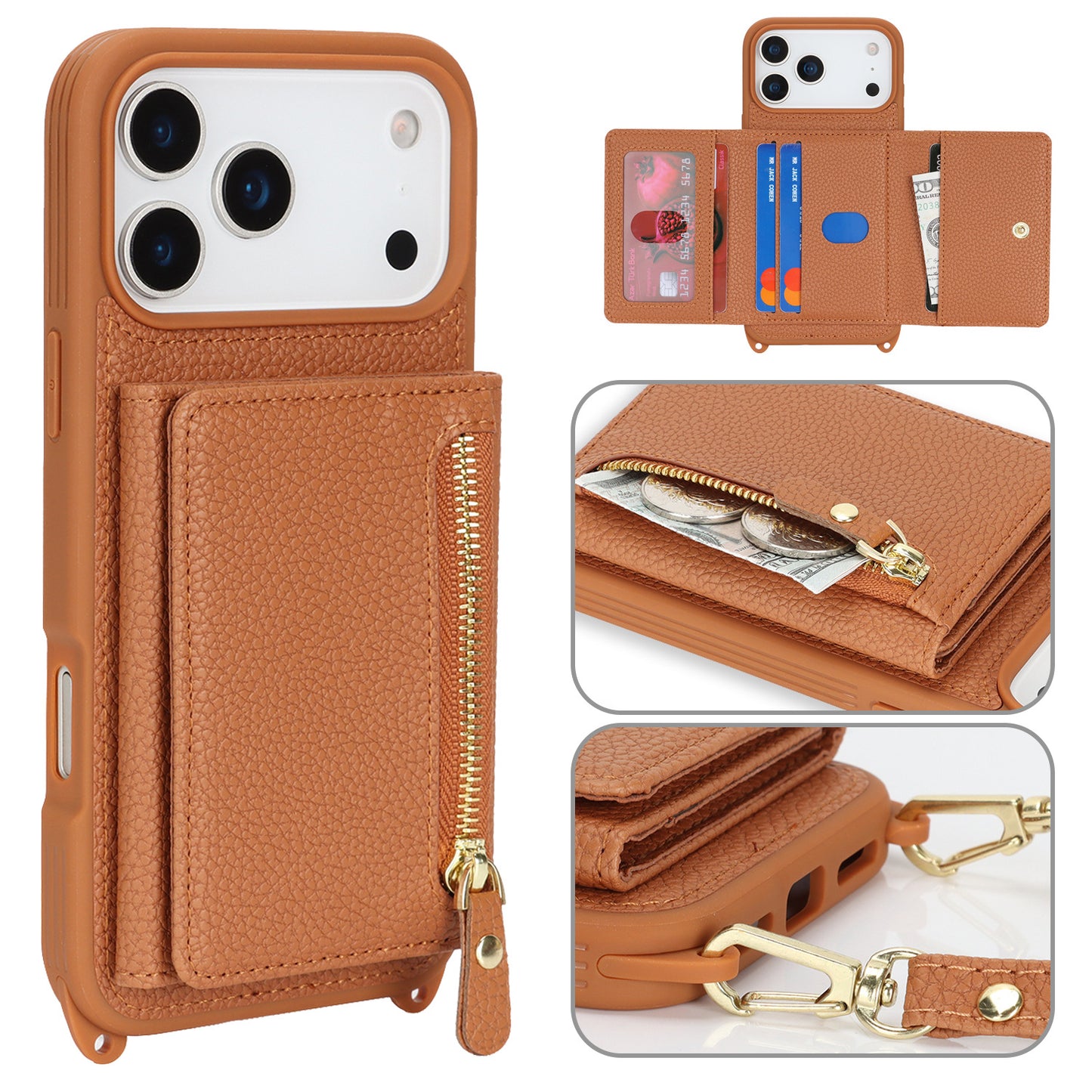 TPU + PU Zipper Crossbody Phone Case for iPhone 7–17