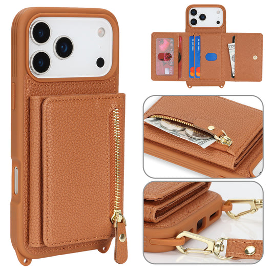 TPU + PU Zipper Crossbody Phone Case for iPhone 7–17