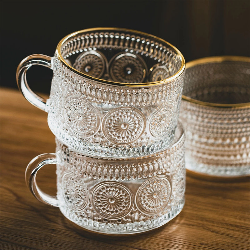 Sunflower Embossed Glass Mug with Gold Rim – 400ml Vintage Floral Clear Cup for Coffee, Tea & Milk