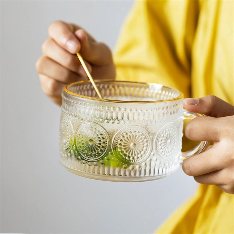 Sunflower Embossed Glass Mug with Gold Rim – 400ml Vintage Floral Clear Cup for Coffee, Tea & Milk