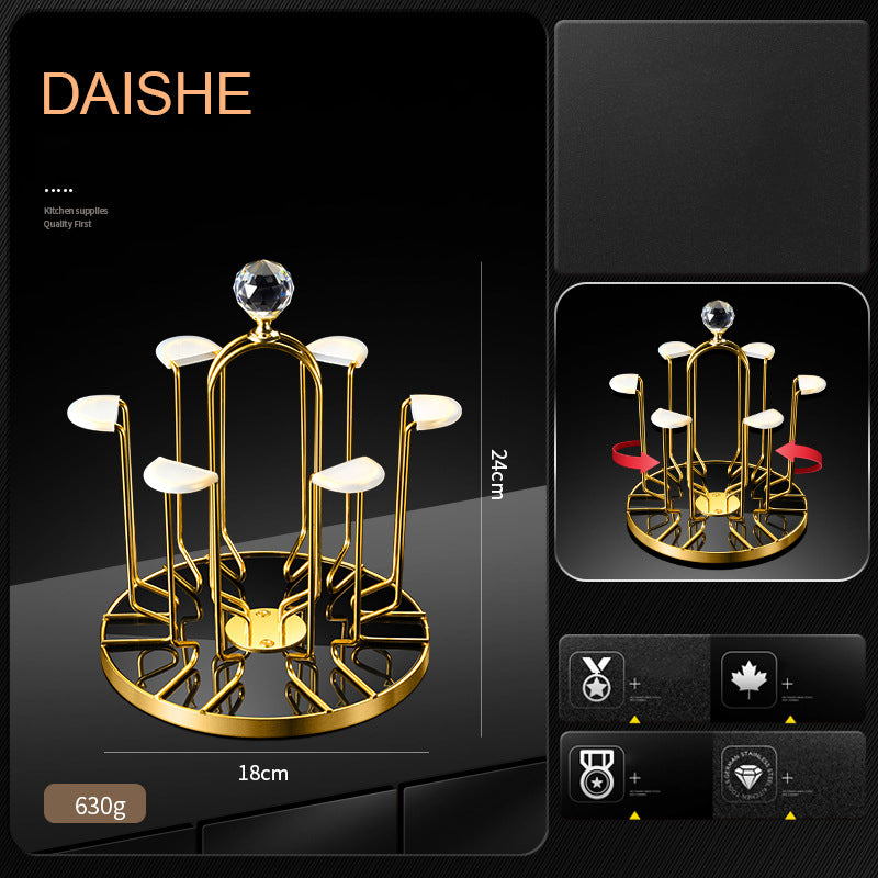 Rotating Upside-Down Glass Drying Rack – Gold Carbon Steel Countertop Cup Holder with Crystal Finial | 6-Glass Carousel Stand