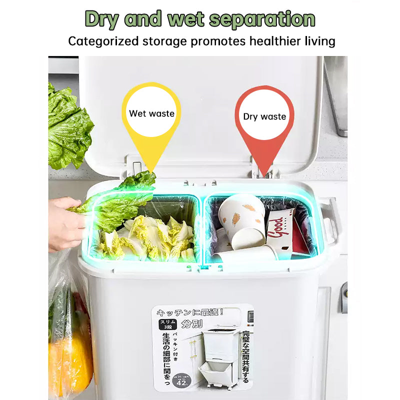 42L Three-Layer Kitchen Recycling Bin with Pedal, Wheels & Dry/Wet Separation