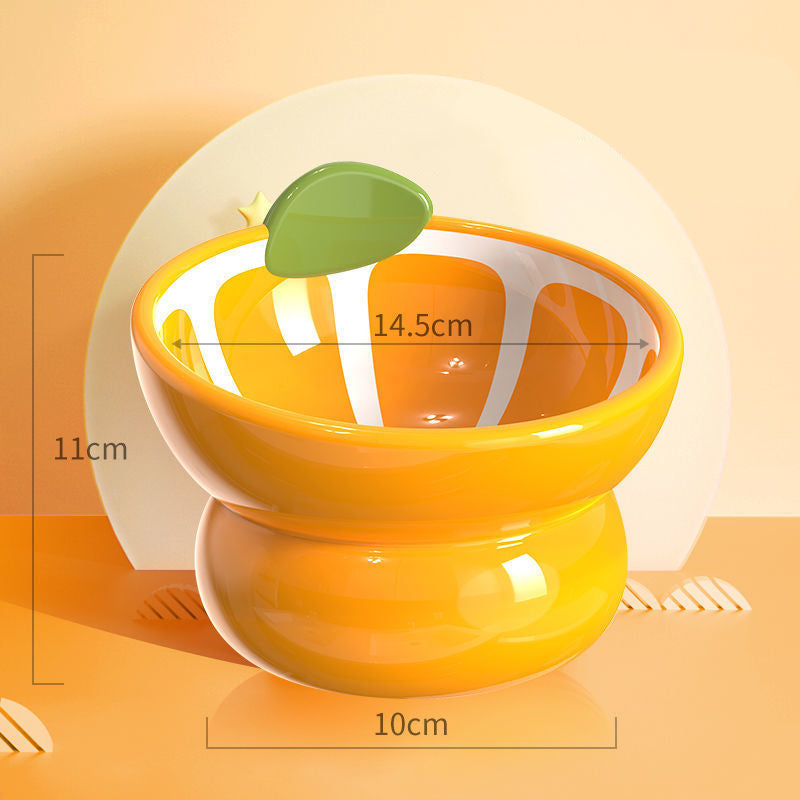 Novelty Fruit Ceramic Tilted Pet Bowl – Strawberry, Orange & Pumpkin | Raised Angled Design, Cervical Spine Protection | Cats & Dogs