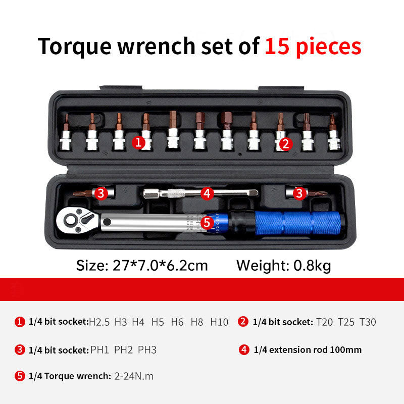 15-Piece Bike Torque Wrench Set – Adjustable 2-24Nm Preset Ratchet, 1/4" Drive