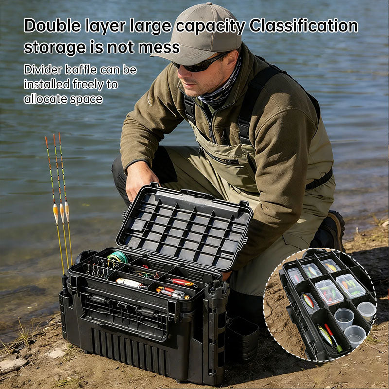 Large Fishing Tackle Box with 2 Rod Holders & Cup Holder