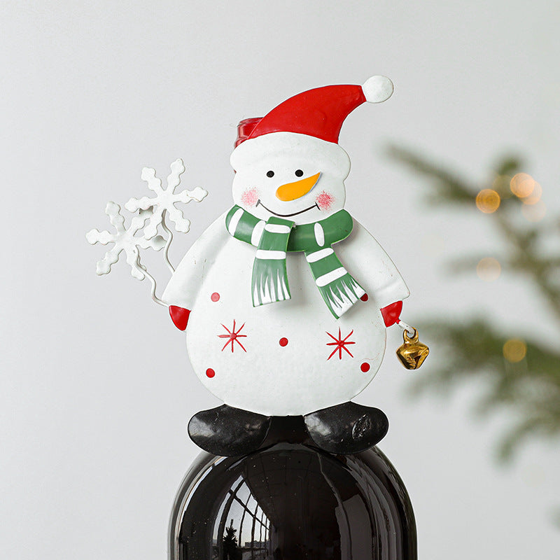 Christmas Wine Bottle Topper Figurine – Painted Metal Santa Claus & Snowman with Jingle Bell | Holiday Decoration