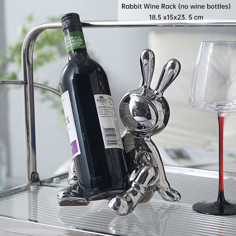 Luxury Rabbit Sculpture Wine Rack & Wine Glass Holder – Ceramic Home Décor Figurine | Silver & Gold