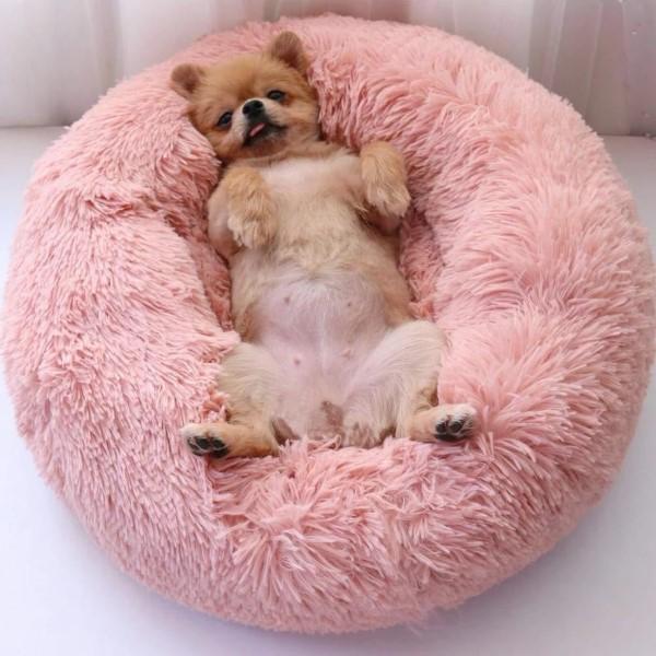 Shaggy Plush Donut Calming Pet Bed – Round Bolster Nest, Machine Washable | Dogs & Cats | 7 Sizes | Gray, Pink, Beige
