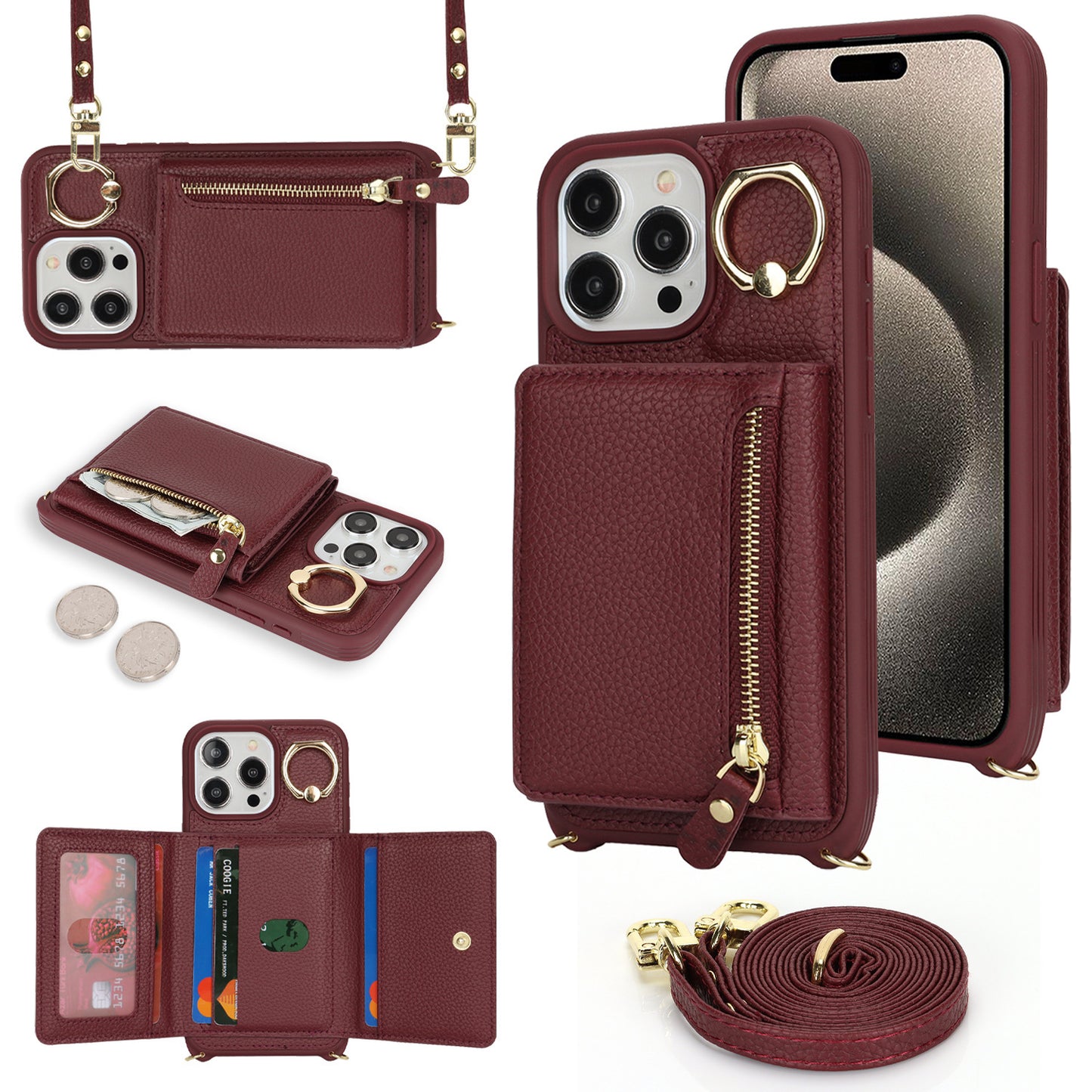 TPU + PU Zipper Crossbody Phone Case for iPhone 7–17