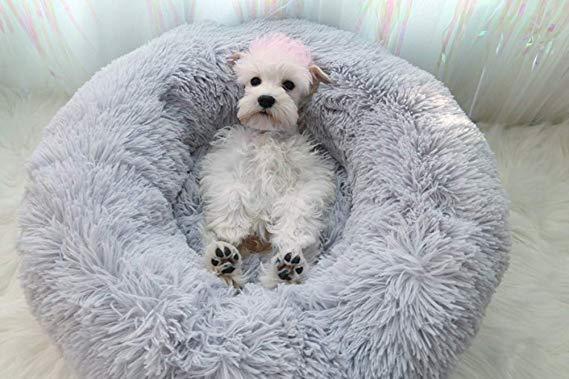 Shaggy Plush Donut Calming Pet Bed – Round Bolster Nest, Machine Washable | Dogs & Cats | 7 Sizes | Gray, Pink, Beige