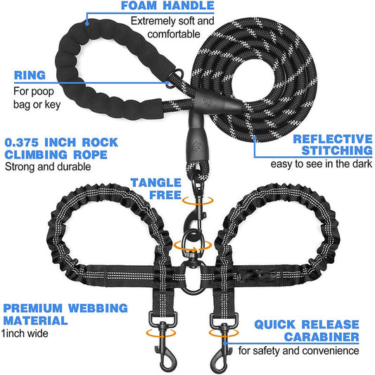 Double Dog Leash – Tangle-Free, Bungee Shock Absorber, Foam Handle & Reflective Rope | Walk 2 Dogs | 5 Colors