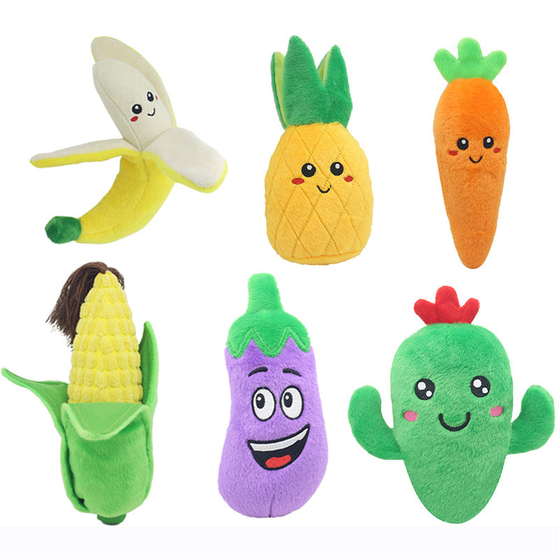 Fruit & Veggie Plush Squeaky Dog Toy – Cute Smiley Face, Built-In Squeaker & Crinkle | Soft Chew | Dogs & Cats | 6 Styles