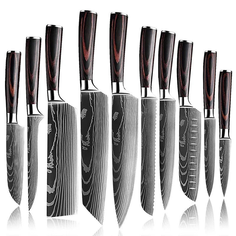 Damascus-Pattern Laser Etched Kitchen Knife | Colored Wood Handle | 10 Styles