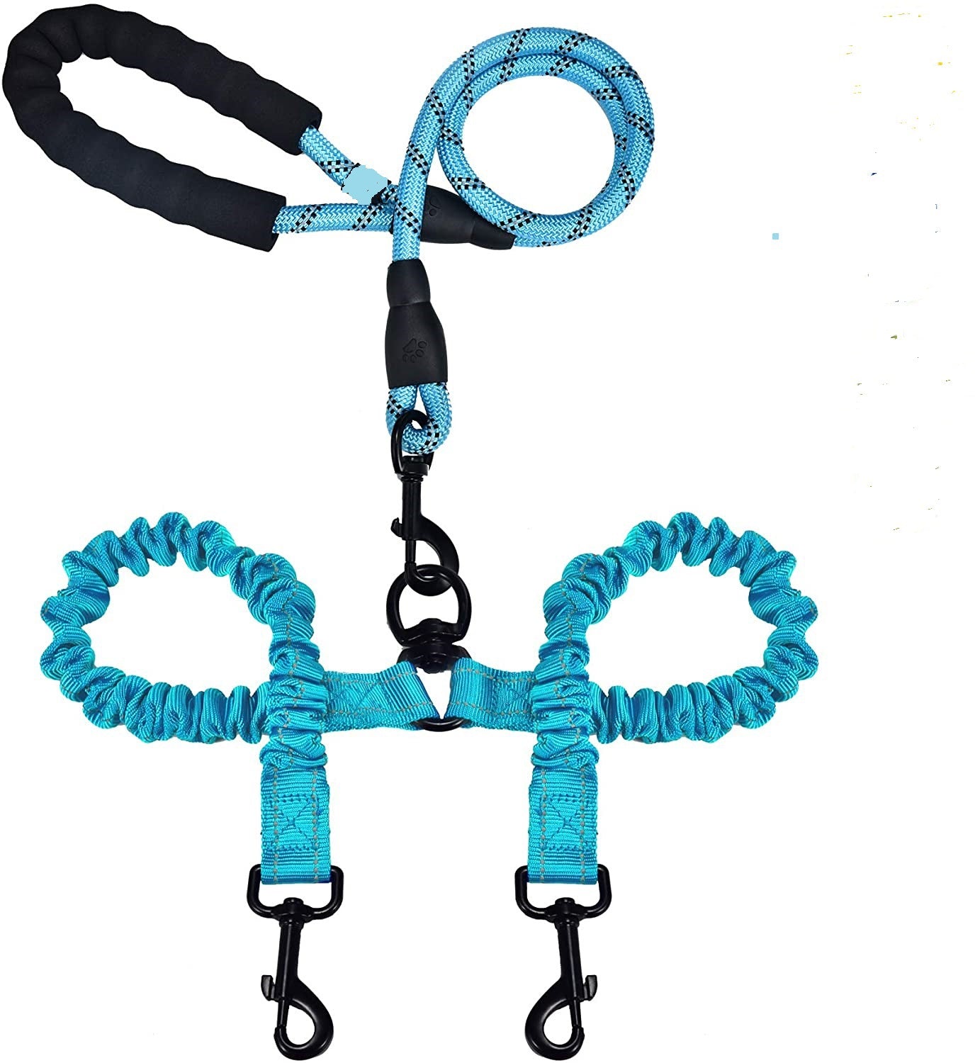 Double Dog Leash – Tangle-Free, Bungee Shock Absorber, Foam Handle & Reflective Rope | Walk 2 Dogs | 5 Colors