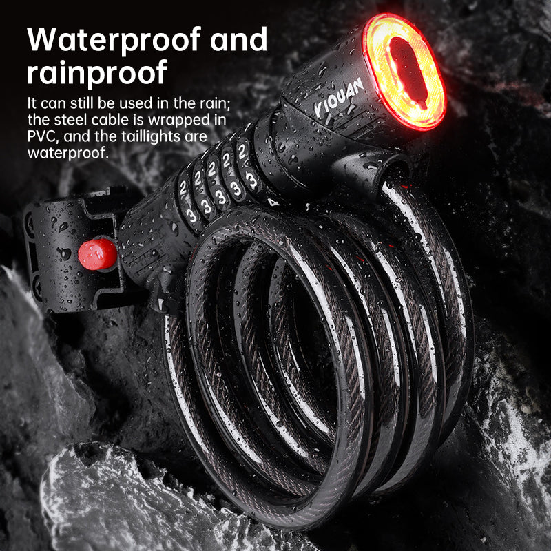5-Digit Combination Bike Lock with Rechargeable Tail Light – Anti-Theft Steel Cable Chain Lock