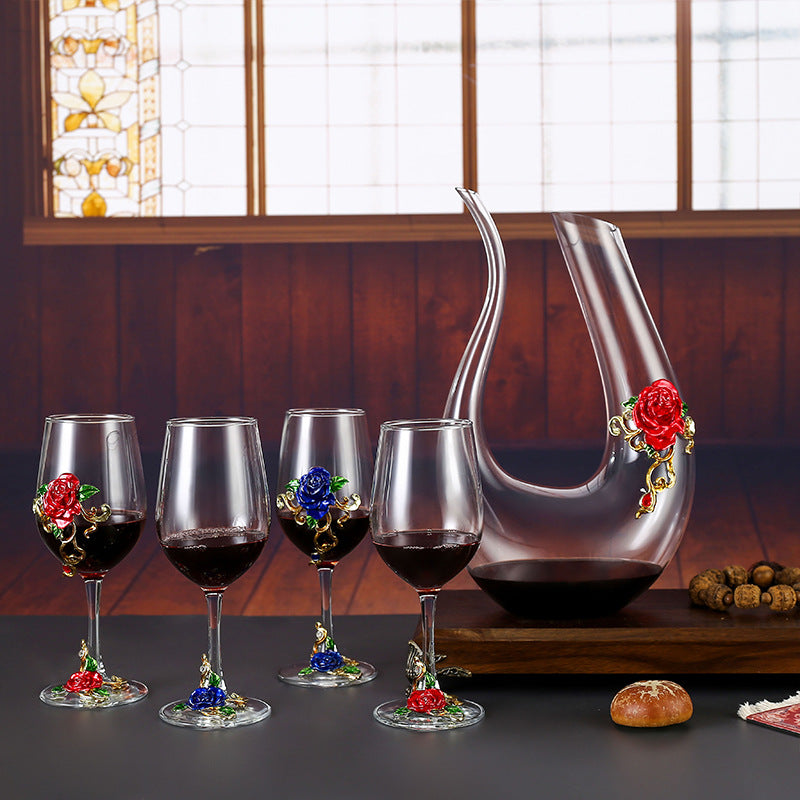 Enamel Rose Crystal Wine Glass | Hand-Painted Goblet & Decanter Gift Set