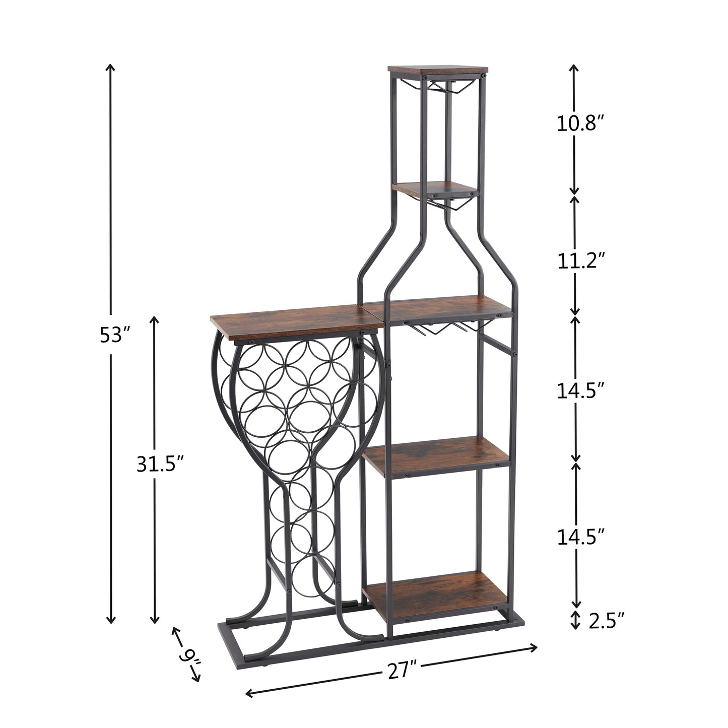 11-Bottle Wine Bakers Rack with Stemware Holder & Storage Shelves – 5-Tier Freestanding Wine Rack | Industrial Antique Brown | Home Bar