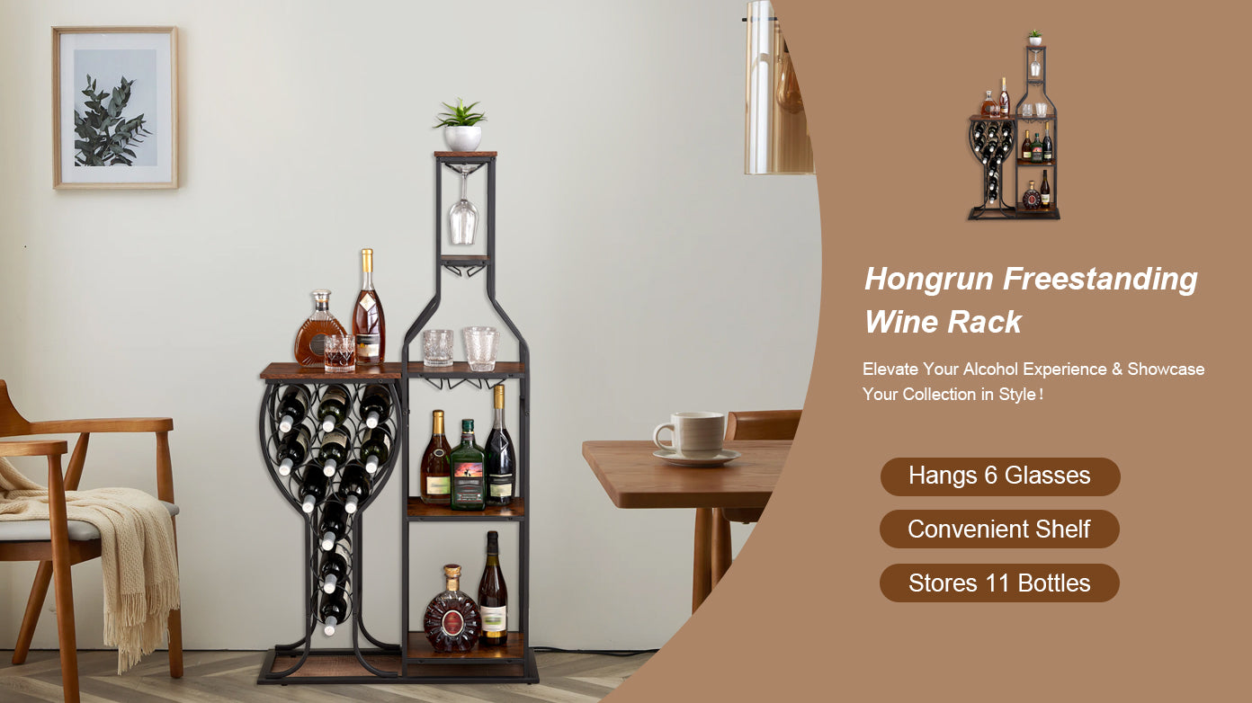 11-Bottle Wine Bakers Rack with Stemware Holder & Storage Shelves – 5-Tier Freestanding Wine Rack | Industrial Antique Brown | Home Bar